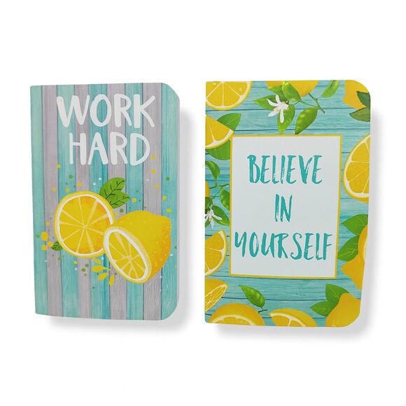 Lot of 2 "Work Hard" "Believe in Yourself" Pocket Size Notepads Lemon Themed New - Picture 1 of 8